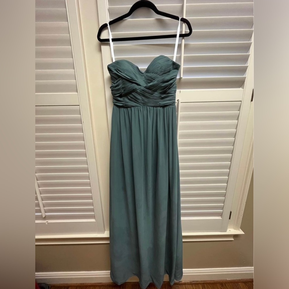 Kennedy Chiffon Strapless Bridesmaid Dress from Revelry; Eucalyptus Color Size 6